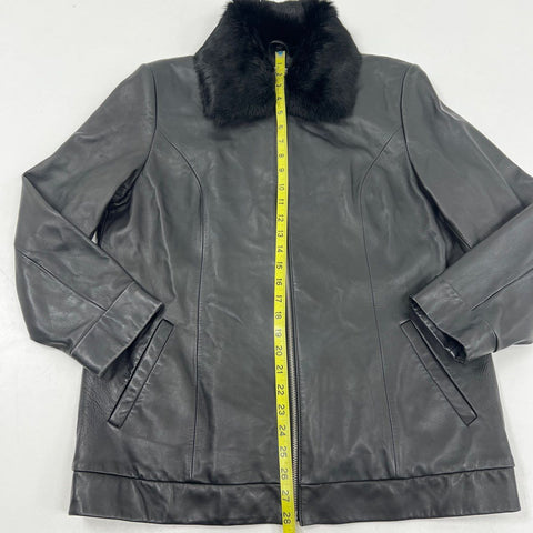 Preston & York Women's Black Lambskin Leather Jacket Rabbit Fur Collar Sz L