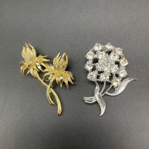 Vintage Floral Costume Jewelry Brooch Lot of 5 Gold Silver Tone Rhinestone