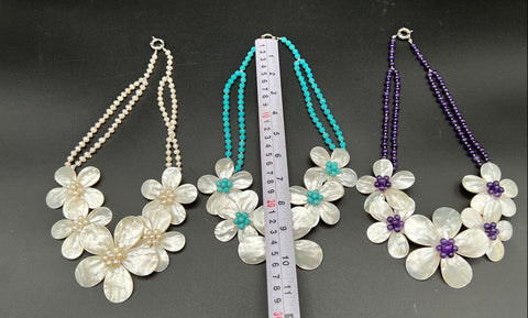 Lot of 3 Mother of Pearl Carved Flower Statement Necklaces Beaded Pearl & Stone