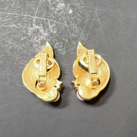 Vintage Crown Trifari Leaf Spray Brooch & Clip Earrings Set Faux Pearl Gold Tone