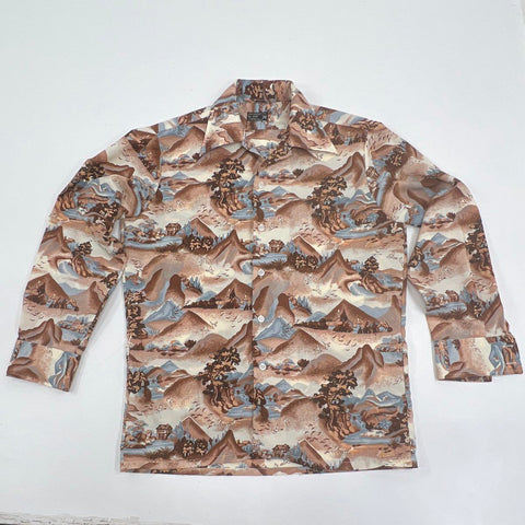 Vintage 70s JCPenny Scenic Landscape Print Button Up Shirt Sz M
