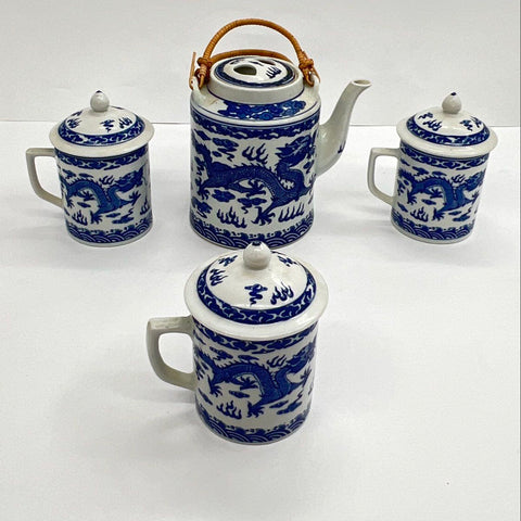 Vintage Chinese Blue & White Porcelain Dragon Tea Set Teapot 3 Lidded Mugs 8pc