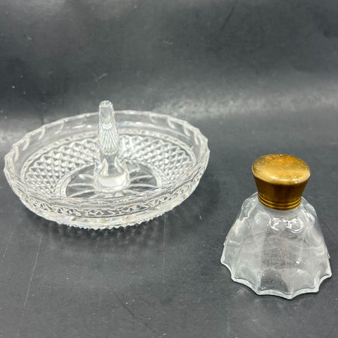 Vintage Mid-Century Pressed Glass Ring Holder & Perfume Bottle Vanity Set