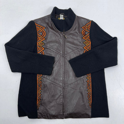 Bob Mackie Wearable Art Women's Brown Leather Ribbed Embroidered Jacket Sz L