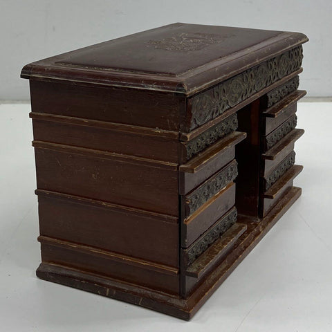 Vintage Wood Desk Jewelry Box Arc de Triomphe Style Greco-Roman Tooled Leather