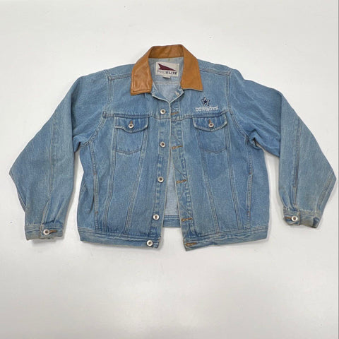 Vintage 90s Dallas Cowboys Pro Elite Denim Jacket Leather Collar Sz XL