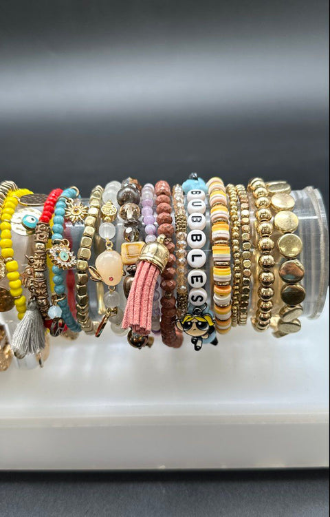 Beaded Charm Bangle Jewelry Lot of 30 Boho Modern Powerpuff Girls Baseball