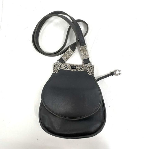 Vintage 90s Comint USA Black Leather Crossbody Saddle Bag Ornate Silver Hardware