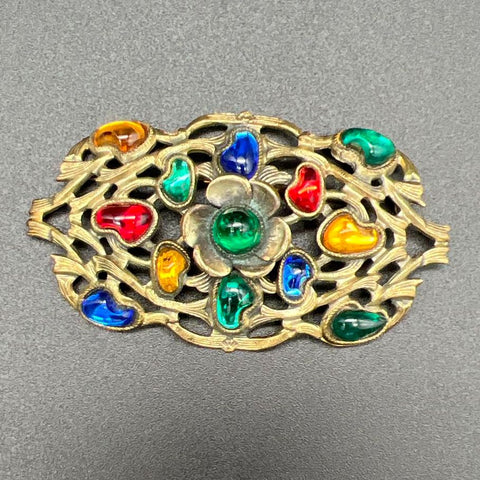 Vintage Czech Style Brooch Pin Multicolor Glass Stones Floral Filigree Metalwork