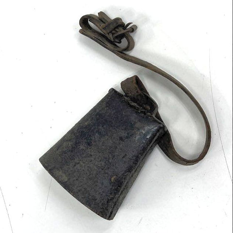 Vintage Antique Rustic Metal Farm Cowbell with Leather Strap Large Black