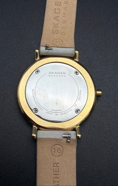 Skagen Signatur SKW2772 Women's Watch Gold Tone Grey Leather Band Tested Works