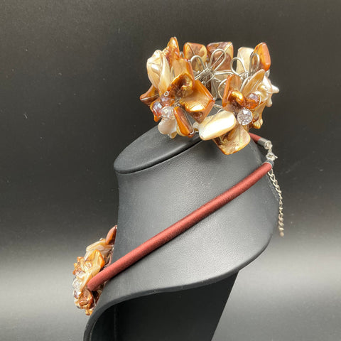 Mother of Pearl Shell Flower Necklace and Bracelet Set Bronze Silk Cord