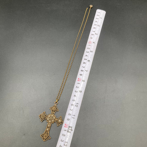 Antique Style Filigree Cross Pendant Necklace Paste Stone As-Is Repair 24"