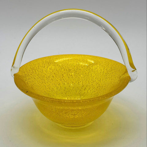 Art Glass Yellow Gold Fleck Basket Bowl Clear Applied Handle 5.5" Vintage