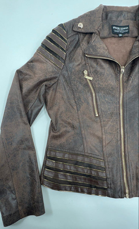 Frank Lyman Women's Brown Distressed Faux Suede Moto Jacket Gold Studs Size M