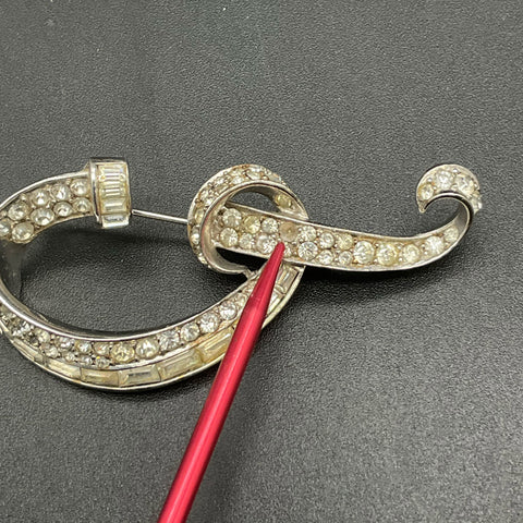 Vintage Boucher Silver Tone Rhinestone Ribbon Swirl Brooch Pin Signed