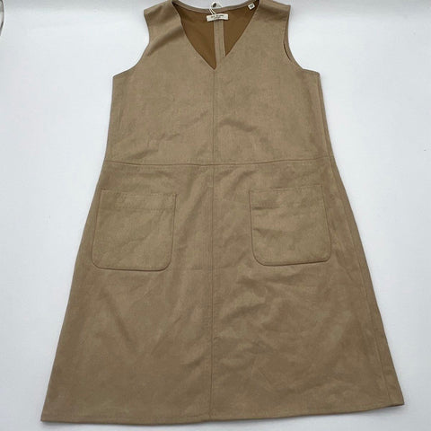 Max Studio London Women's Beige Faux Suede Pinafore Shift Dress Pockets NWT Sz S