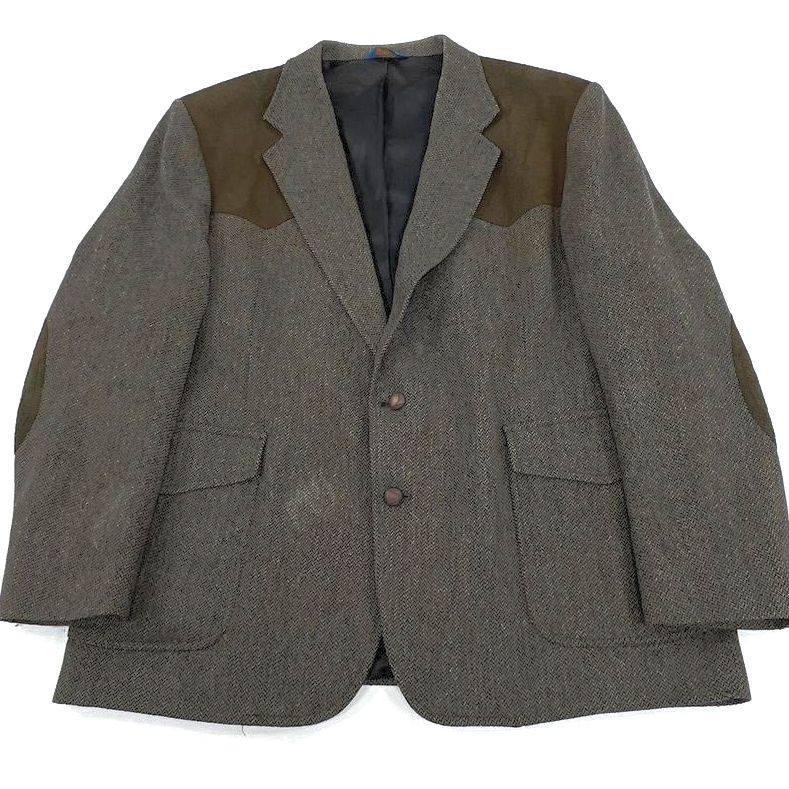 Men's Pendleton Western Brown Herringbone Wool Blazer Elbow Patches - Size 48