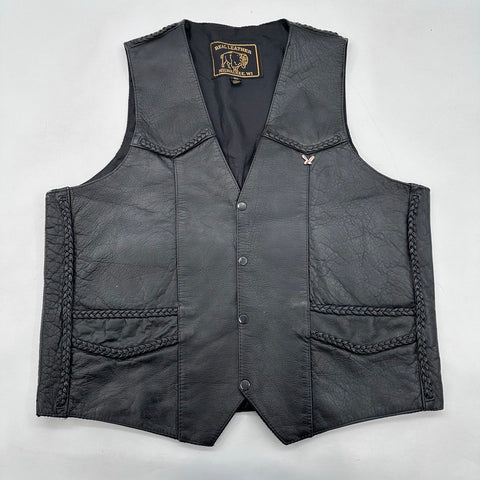 Vintage 90s Real Leather Milwaukee WI Men's Black Braided Biker Vest Sz 50