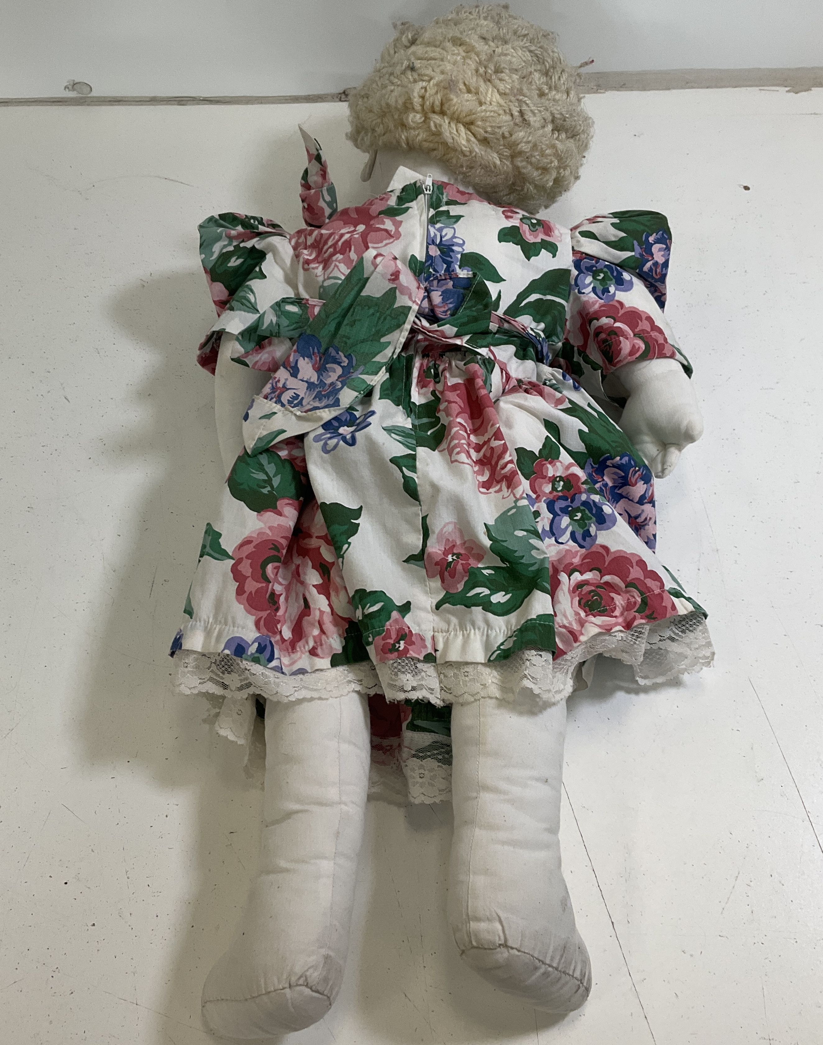 Vintage Handsewn Folk Art Cloth Rag Doll 16" Painted Face Floral Dress