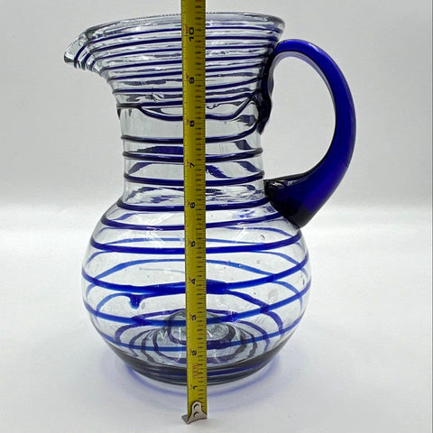 Hand Blown Art Glass Set Cobalt Blue Spiral Wrap Pitcher and 6 Tumblers Vintage