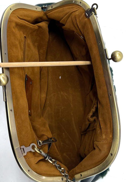 Patricia Nash Green Faux Fur Leather Frame Kiss Lock Clutch Bag Brass Hardware