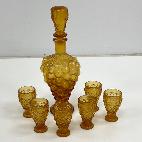 Pressed Glass Grape Harvest 7 Piece Decanter Set Amber 6 Footed Glasses Vintage