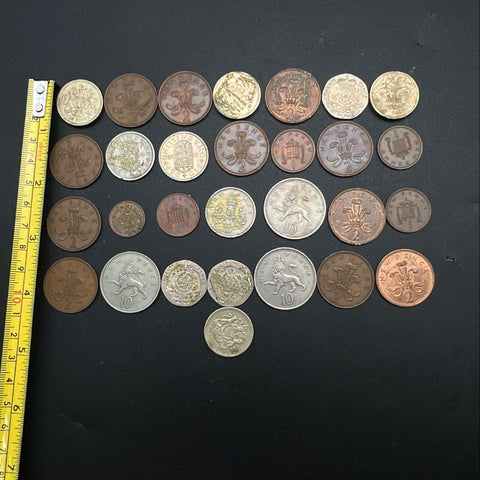 Vintage British Coin Lot 29 Pieces Mixed Denominations Elizabeth II Glue Residue