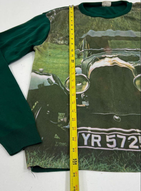 Vintage 70s Knitted Fashions Green Bentley Car Graphic Nylon Shirt Men's L