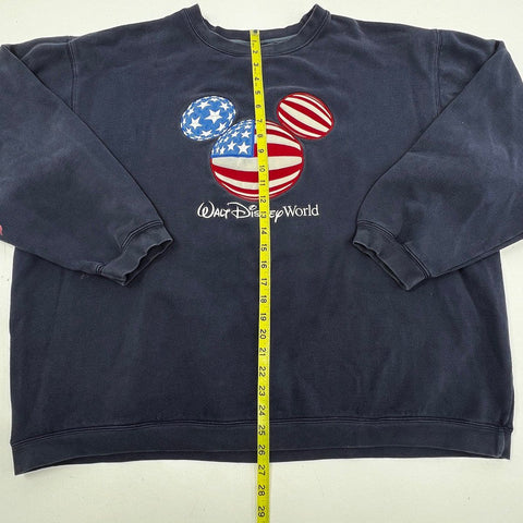 Vintage 90s Walt Disney World Men Navy Mickey Mouse American Flag Sweatshirt 3XL
