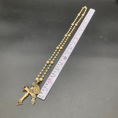Victorian Style Faux Pearl Religious Cross Necklace & Two Stretch Bracelets Lot