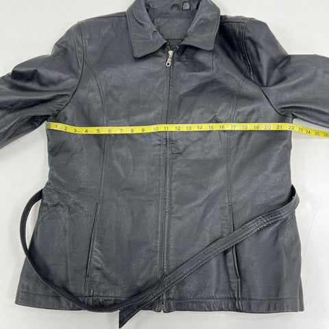 Vintage 90s Jacqueline Ferrar Belted Black Leather Jacket Sz XL