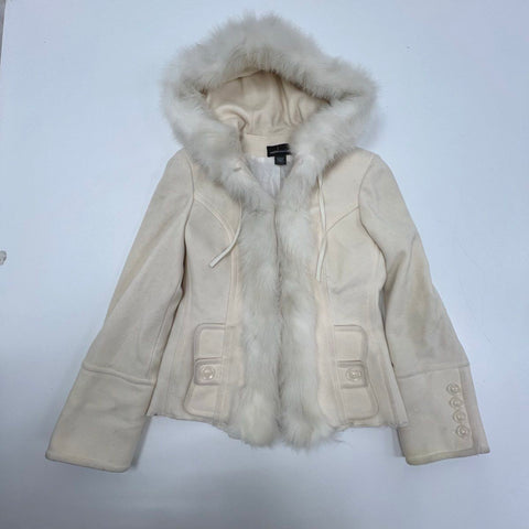 Vintage Y2K Moda International Women's Cream Faux Fur Trim Hooded Jacket Coat S