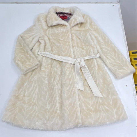 Illusion by Sherry Cassin Women's Cream Faux Fur Coat Belted Patterned Size S