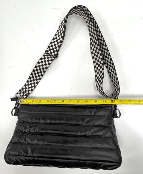 Think Royln Black Quilted Puffer Crossbody Bag Checkered Strap Gunmetal
