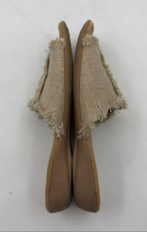 Minnetonka Natural Fabric Frayed Edge Slide Sandals Tan Women's Size 10