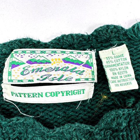 Vintage 90s Emerald Isle Floral Ribbon Embroidered Sweater Crochet Hem Sz L