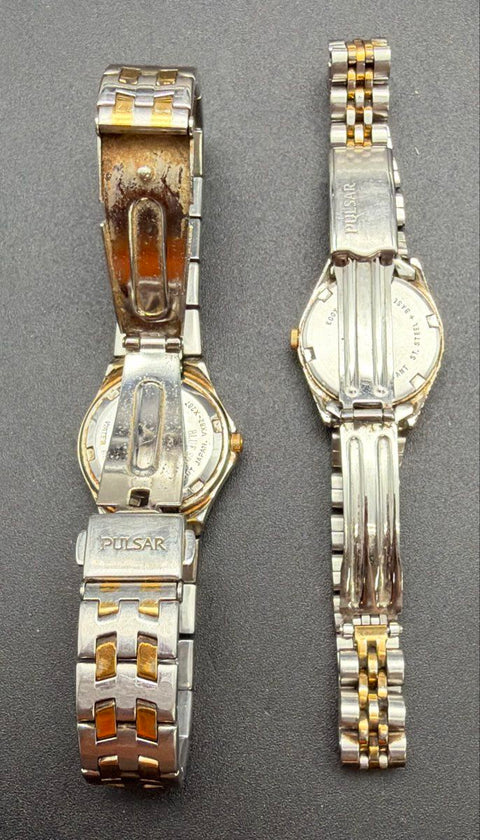 Pulsar Two-Tone Quartz Watches Lot of 2 Blue and White Dials Vintage Japan Movt