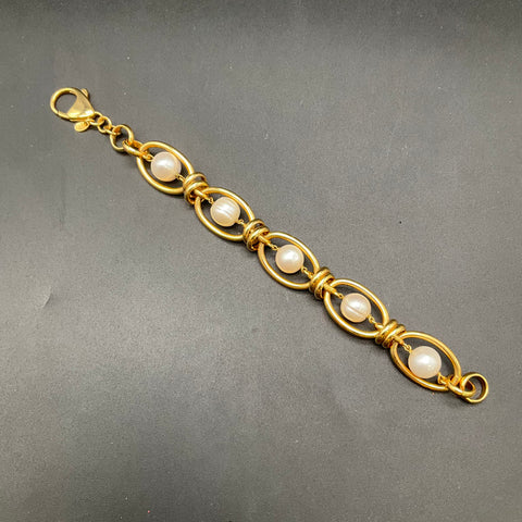 Honora Gold Tone Bronze Cultured Pearl Oval Link Bracelet Italy 8"