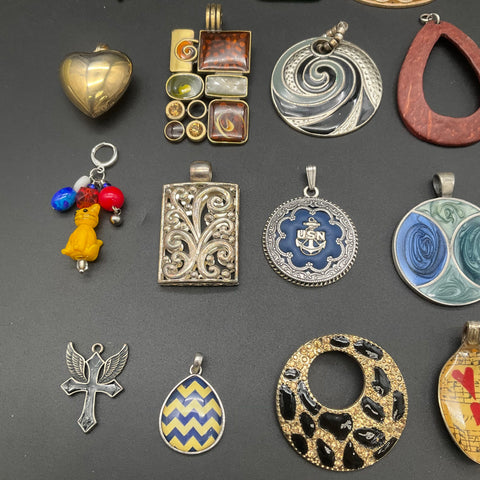 Vintage & Modern Costume Jewelry Pendant Lot of 24 Hearts Cross USN Military