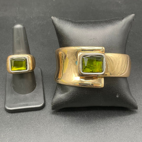 RLM Studio SOHO Gold Tone Green Stone Cuff Bracelet & Ring Set Size 8