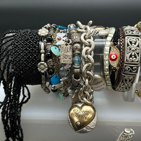 Eclectic Bracelet Jewelry Lot of 22 Beaded Cuff Charm Sterling Silver 925 Heart