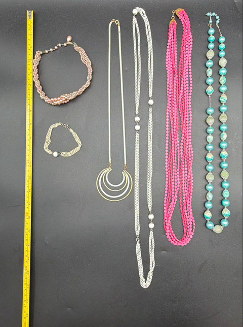 Vintage Costume Jewelry Lot 6pc Pink Blue Faux Pearl Necklaces Bracelet