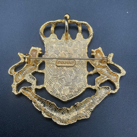 Vintage Ivana Crest Brooch Gold Tone Crown Lion Shield Rose Pin With Box