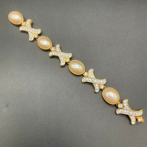 Vintage Nolan Miller Gold Tone Faux Pearl X Link Hugs and Kisses Bracelet 7"