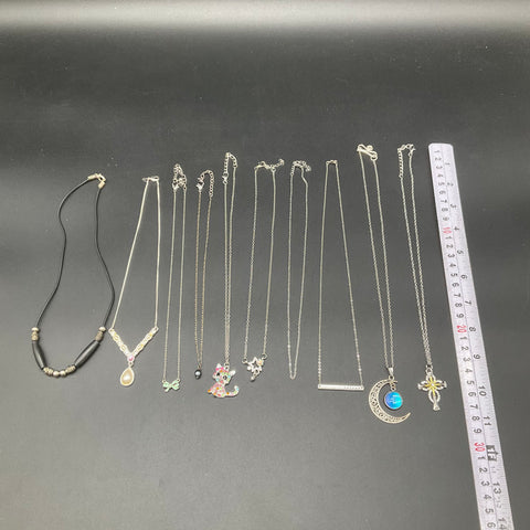 Fashion Costume Necklace Lot of 10 Silver Tone Rhinestone Cross Moon Cat Bow