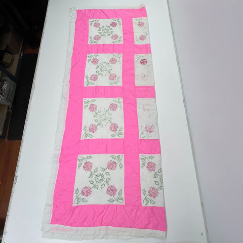 Vintage Hand Stitched Cross Stitch Rose Floral Block Quilt Pink White 80x78