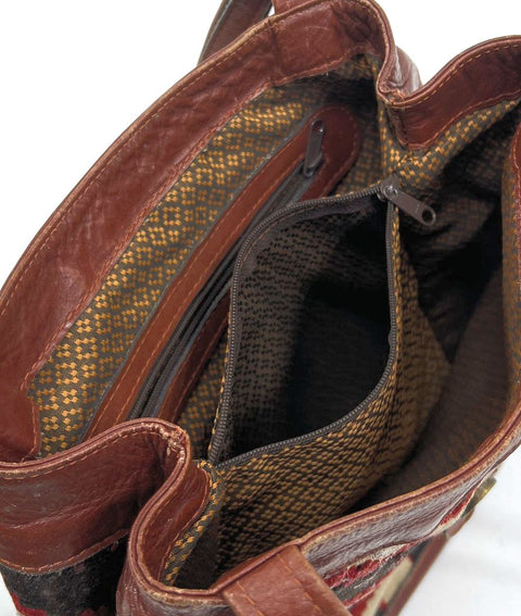 Vintage 90s Yun Art Brown Woven Kilim Southwestern Leather Shoulder Bag Tote