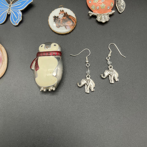Vintage Animal Theme Costume Jewelry Lot 13pc Elephant Owl Butterfly Cat Penguin