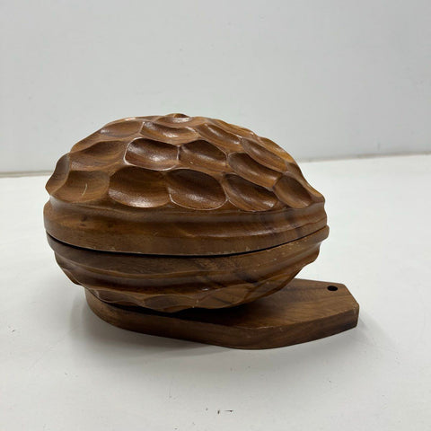 Vintage Carved Wood Walnut Shaped Nut Bowl Lidded Mid Century Modern Decor